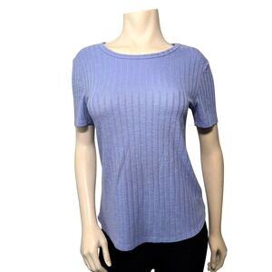 Vintage America Ribbed Knit Top Women S Blue Excellent Short Sleeve Crew Neck